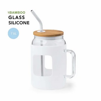 Glass drink Jar with silicone sleeve and straw